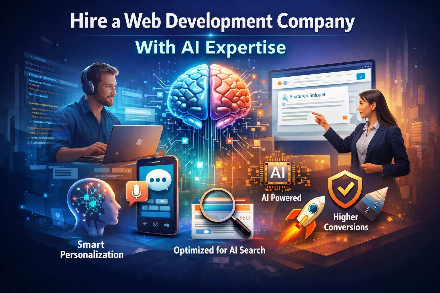 Illustration showing a web development company with AI expertise, featuring AI-powered web design, smart personalization, AI search optimization, analytics, and higher conversions.