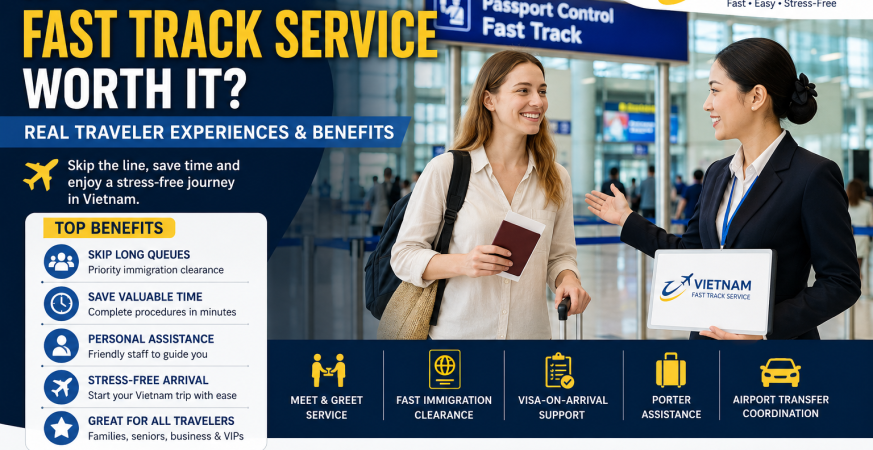Traveler using Vietnam Fast Track Service at a busy Vietnam international airport with VIP airport assistance and fast immigration clearance.
