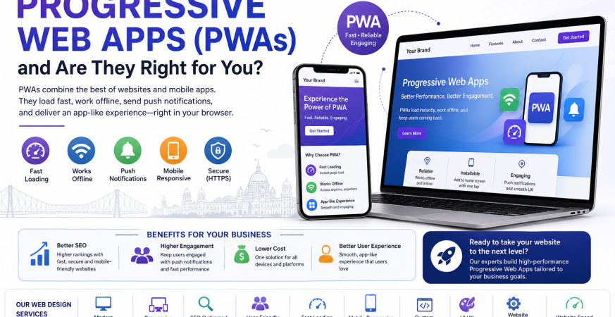 Illustration explaining Progressive Web Apps (PWAs) with responsive website mockups on mobile and laptop screens, highlighting fast loading, offline access, push notifications, mobile responsiveness, SEO optimization, UI/UX design, website maintenance, and website speed optimization by a web design company in Kolkata.