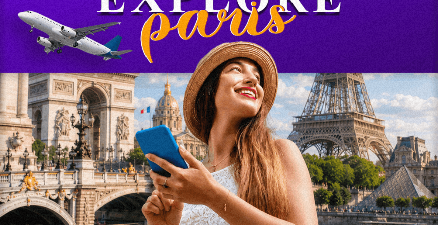 Traveler enjoying a stress-free final day in Paris after early hotel check-out, using secure luggage storage Paris service near Gare du Nord while exploring the Eiffel Tower and city attractions without carrying bags.