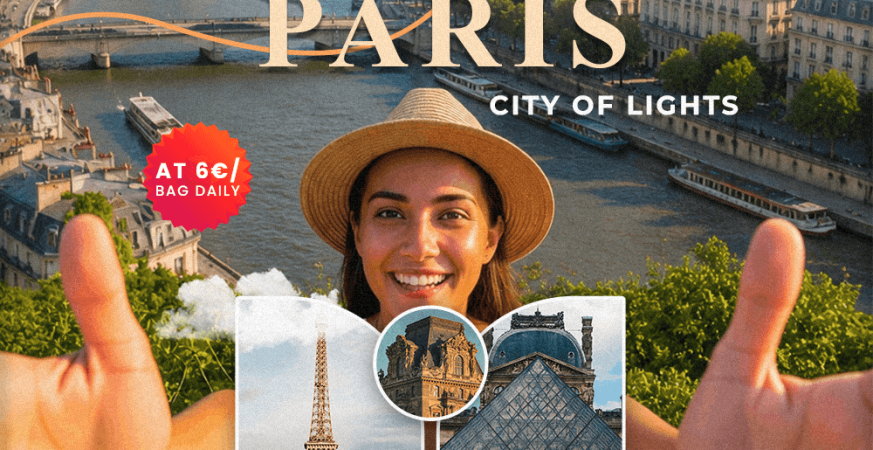 Digital nomad using luggage storage Paris gare du nord lockers before exploring Paris landmarks, working remotely, and enjoying a hands-free travel experience near Gare du Nord station.