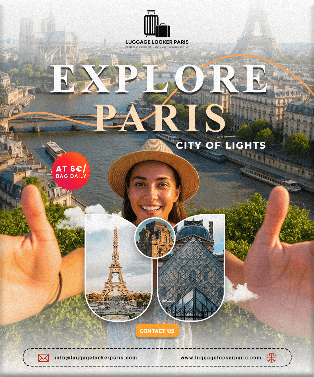 Digital nomad using luggage storage Paris gare du nord lockers before exploring Paris landmarks, working remotely, and enjoying a hands-free travel experience near Gare du Nord station.