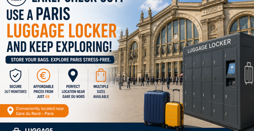 Traveler using secure luggage storage Paris before exploring Eiffel Tower in summer with luggage safely stored for a hands-free sightseeing experience.