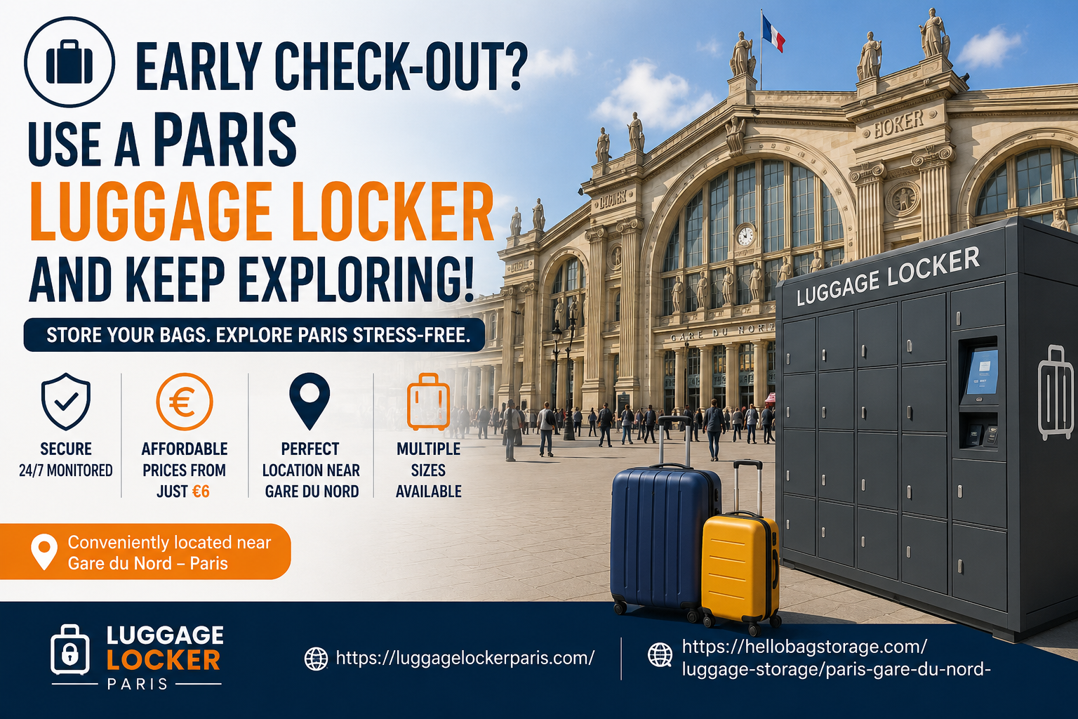 Traveler using secure luggage storage Paris before exploring Eiffel Tower in summer with luggage safely stored for a hands-free sightseeing experience.