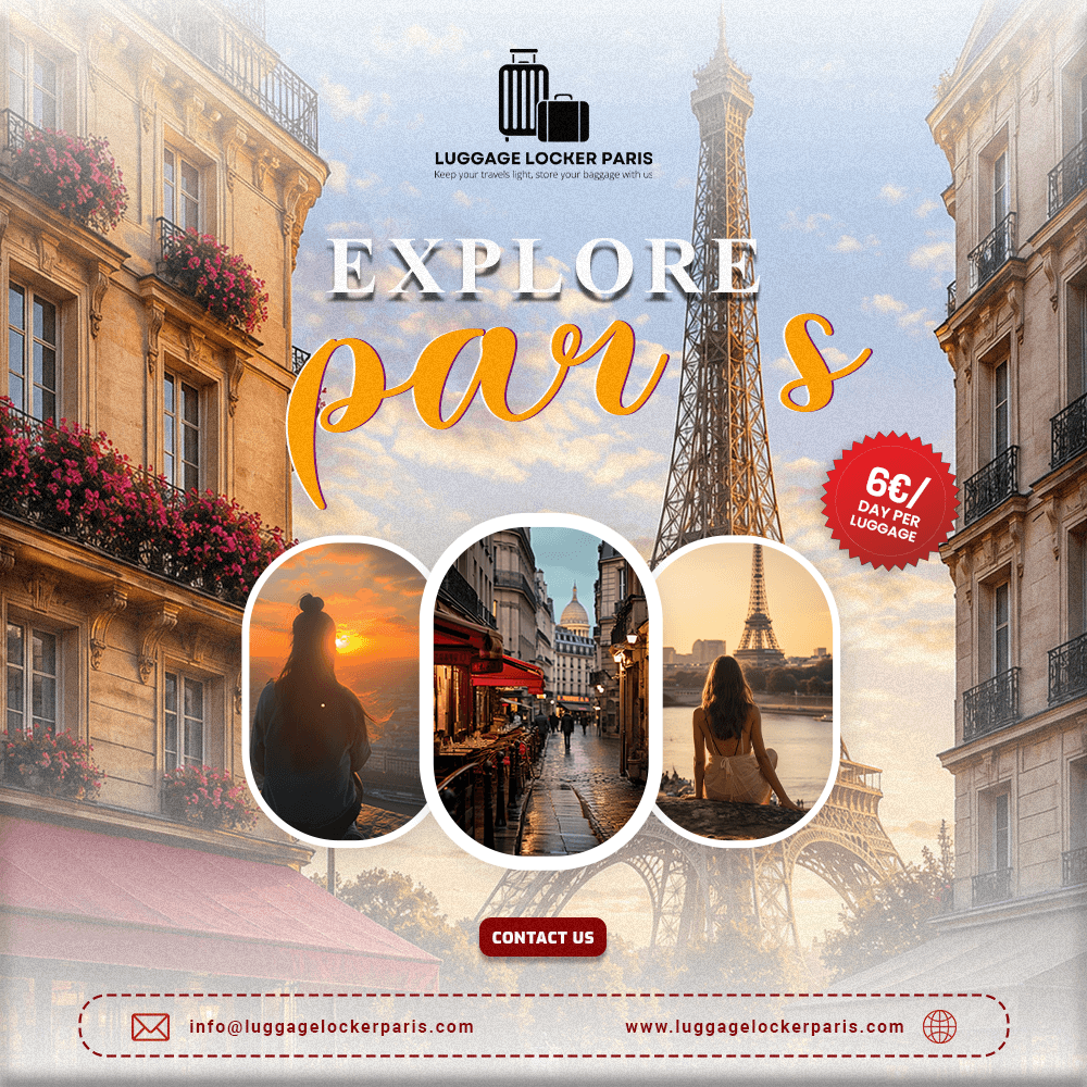 Traveler using secure luggage storage Paris before exploring rainy Paris streets with an umbrella, enjoying hands-free sightseeing near Gare du Nord.