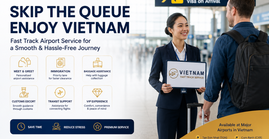Large international tour group using Vietnam Fast Track Service at a Vietnam airport with airport staff assisting passengers through fast immigration for a smooth, organized, and stress-free arrival experience.