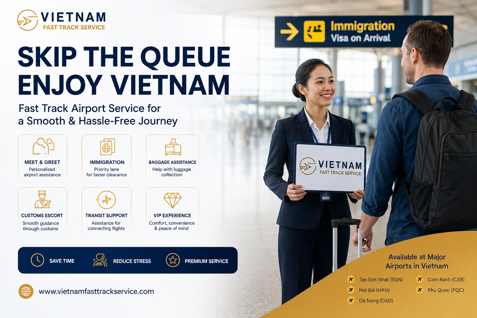Large international tour group using Vietnam Fast Track Service at a Vietnam airport with airport staff assisting passengers through fast immigration for a smooth, organized, and stress-free arrival experience.